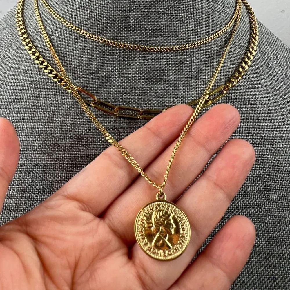 3 Layer Gold Coin Necklace Gold Layered Necklace - Picture 4 of 10